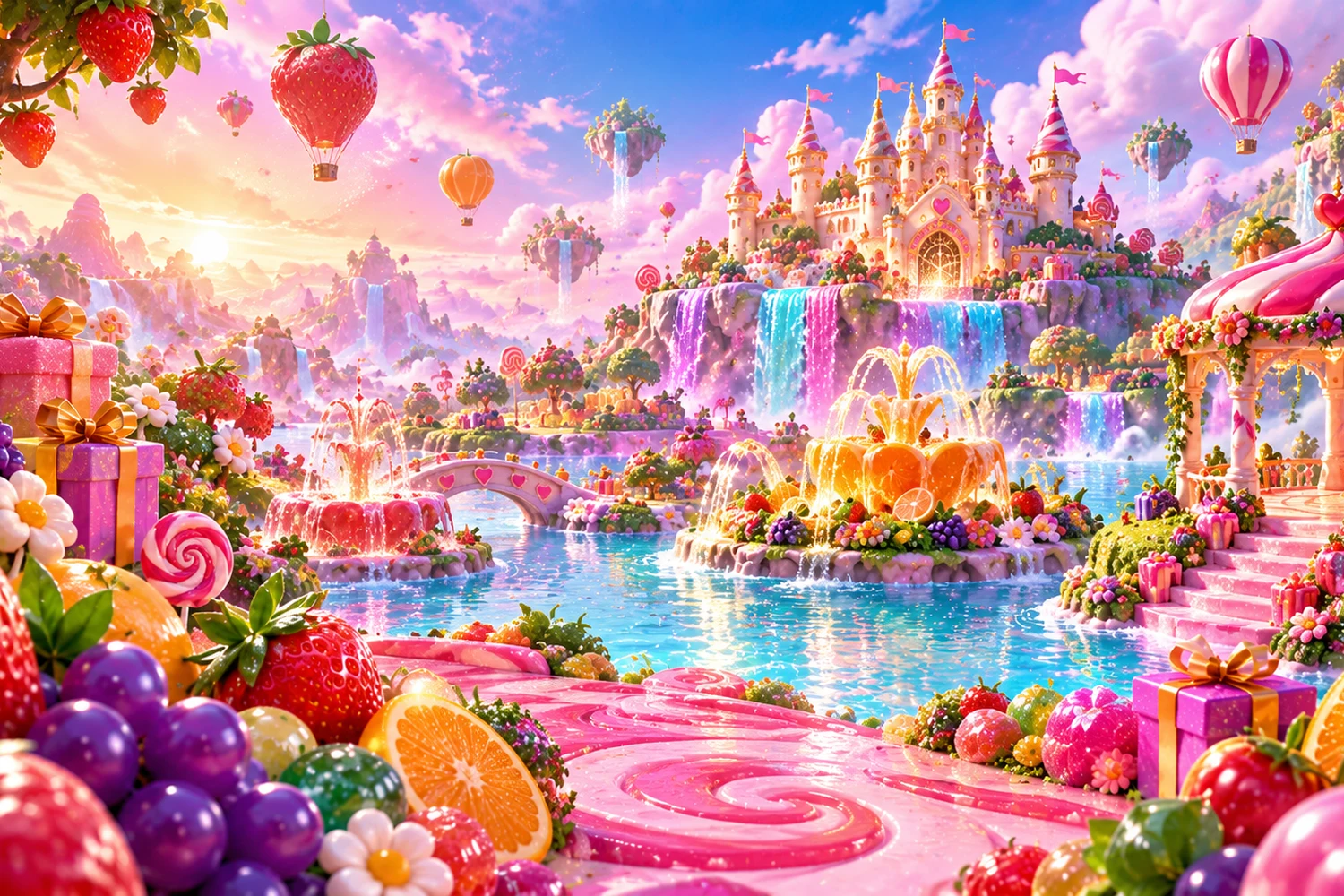 An illustrated candy kingdom filled with glossy sweets and juicy fruit