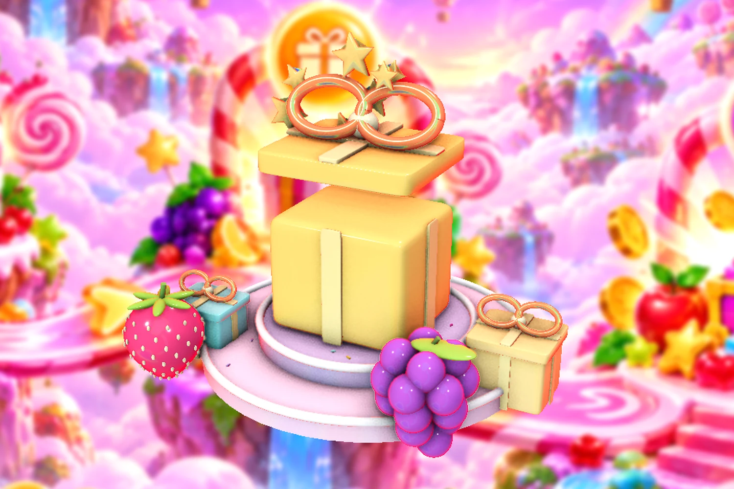A dimensional candy celebration with wrapped presents and stars