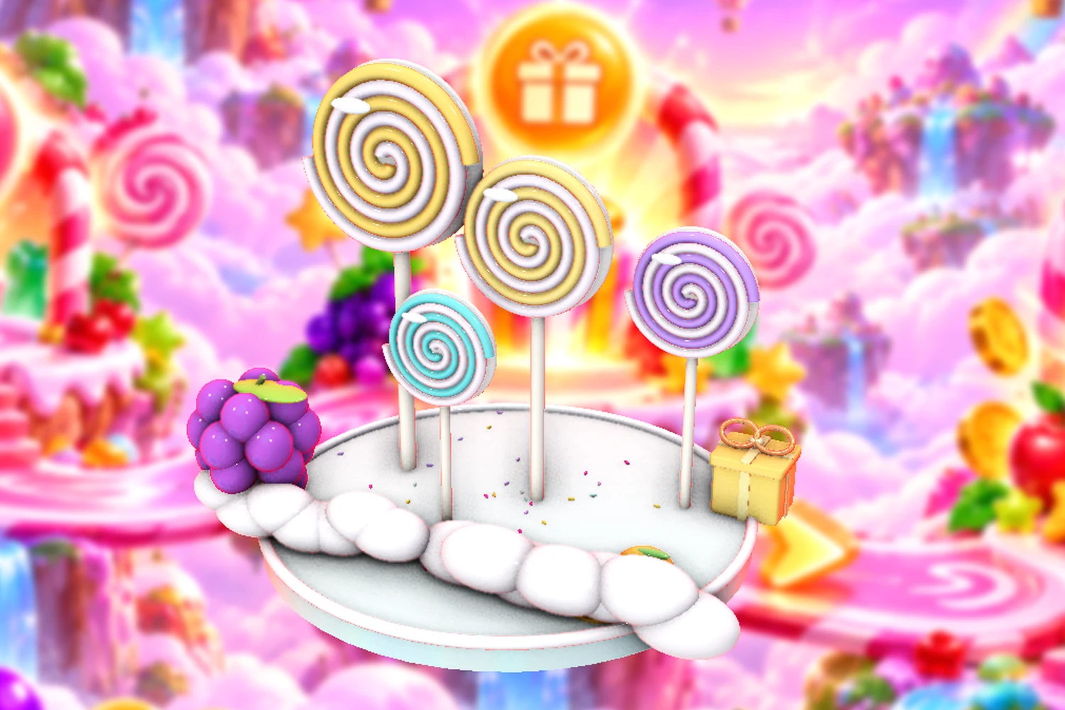 Glossy spiral lollipops, soft clouds and fruit sweets