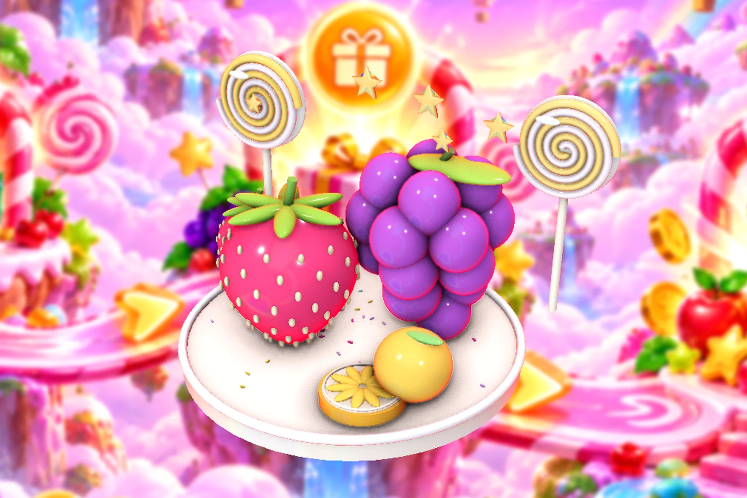 A colourful arrangement of berry sweets and shiny fruit